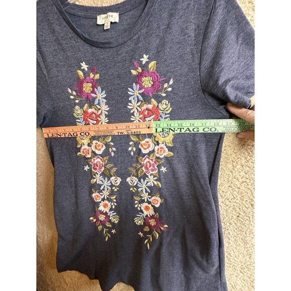 Umgee Embroidered T Shirt Dress Sz S Blue Floral Short Sleeve Shift Tunic Mini - Picture 12 of 15